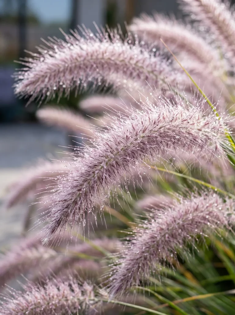 Primer plano fotográfico de las espigas plumosas y suaves del Pennisetum alopecuroides, capturando la luz del atardecer.