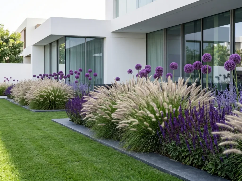 Integración paisajística de Pennisetum alopecuroides aportando movimiento junto a una piscina de diseño en un chalet de estándar profesional