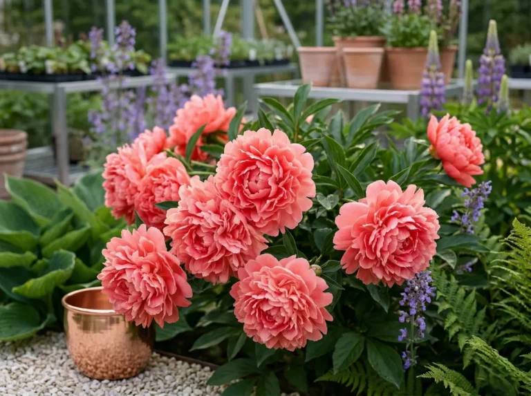 Macizo de peonías coral en un entorno de jardín maduro y cuidado, diseño de alta gama.