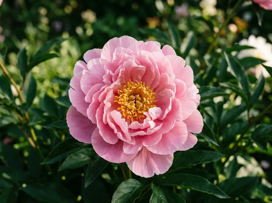 Primer plano de una flor de Peonía rosa con pétalos de textura satinada y centro dorado en un jardín.