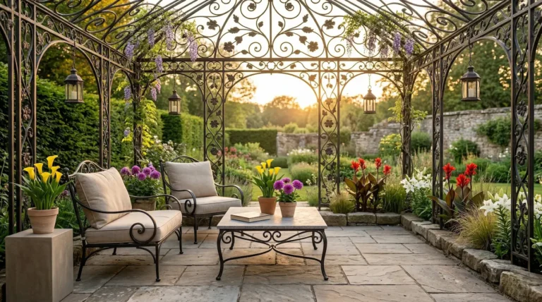 pérgola de forja artística con bulbosas en maceta