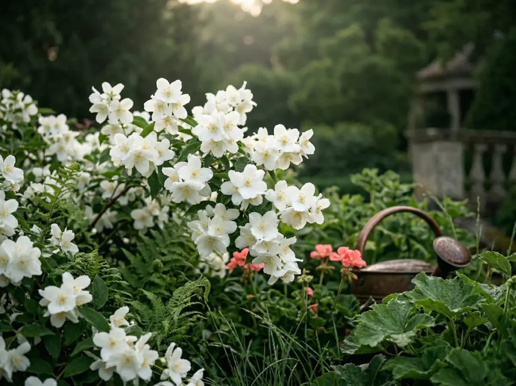 Detalle de flores de Philadelphus blancas y delicadas con fondo coral en un macizo de jardín cuidado.