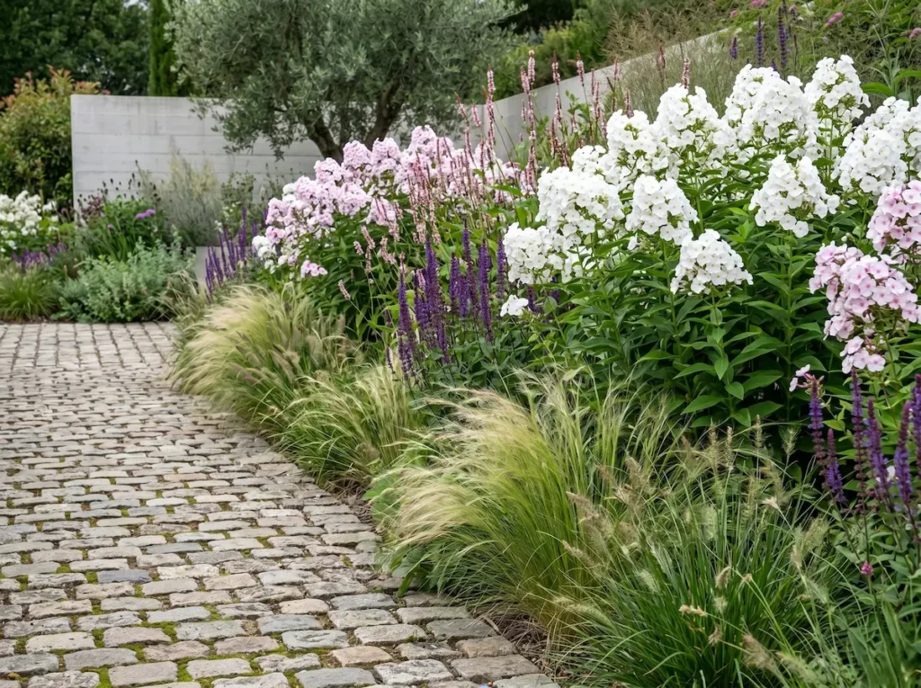 Integración paisajística de Phlox paniculata aportando estructura y color en un borde mixto de estilo contemporáneo junto a un sendero de adoquines envejecidos.