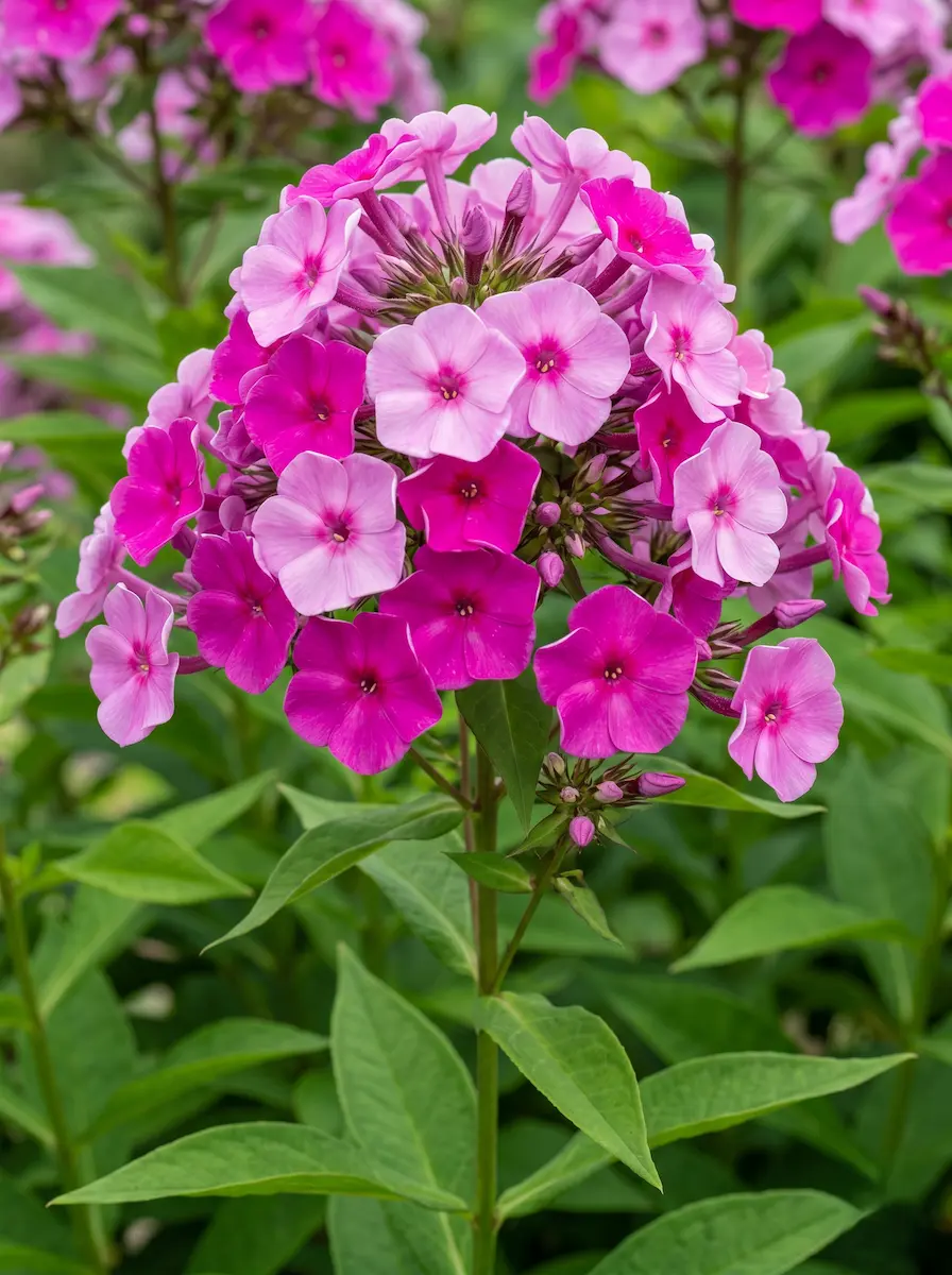 Primer plano fotográfico de las densas panículas florales del Phlox paniculata, destacando la simetría de sus corolas tubulares y su vibrante pigmentación.