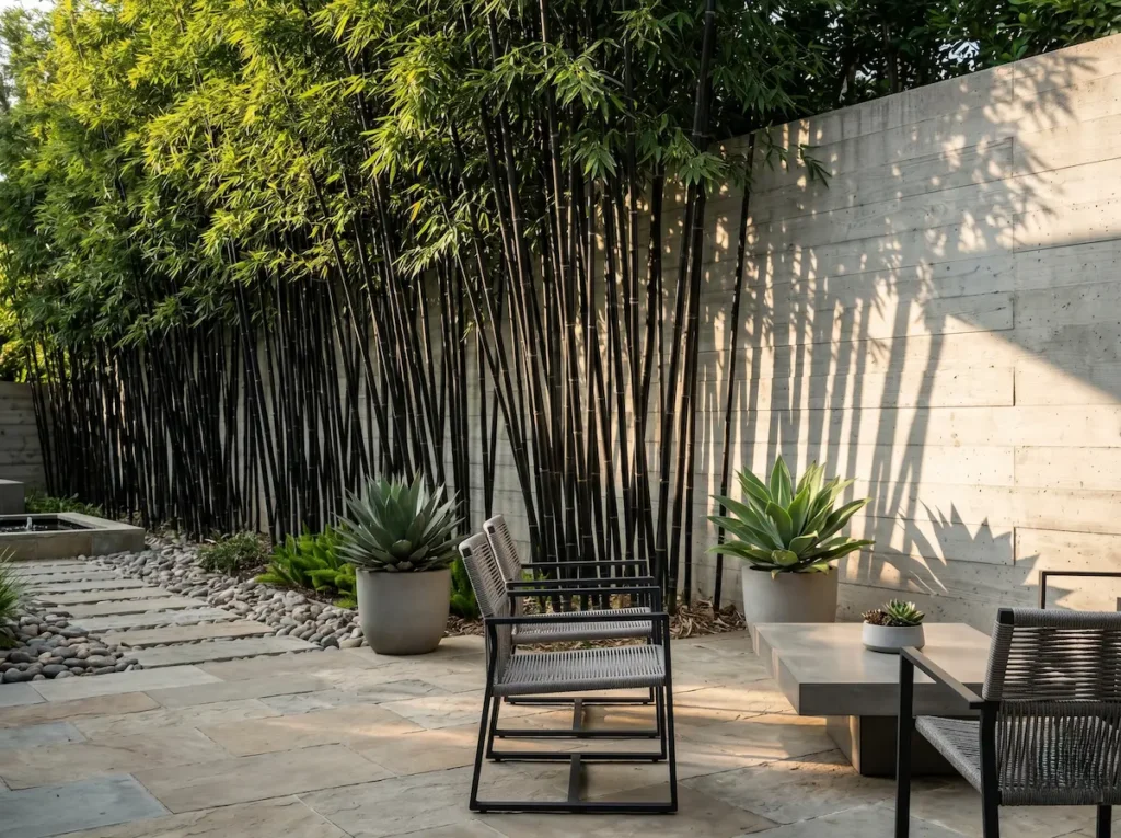Ejemplares de Phyllostachys nigra integrados en un patio de diseño moderno con muros blancos y pavimentos de piedra natural.