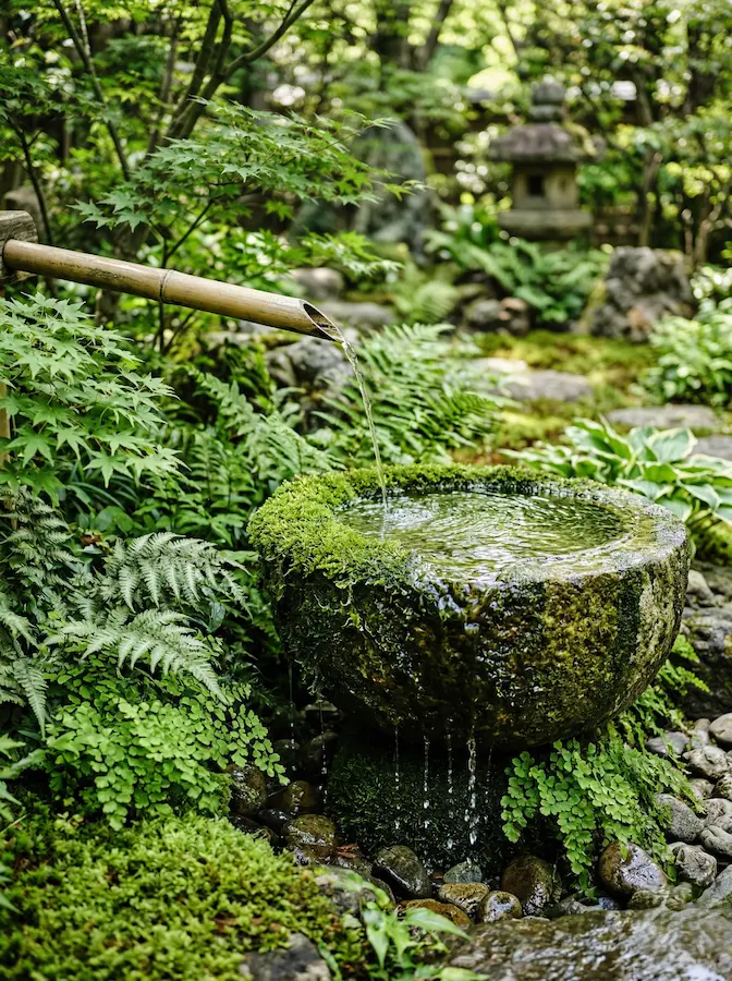 tsukubai de piedra volcánica donde el agua desborda suavemente. La piedra muestra una pátina natural de musgo aterciopelado, indicando una humedad constante y un cuidado experto.