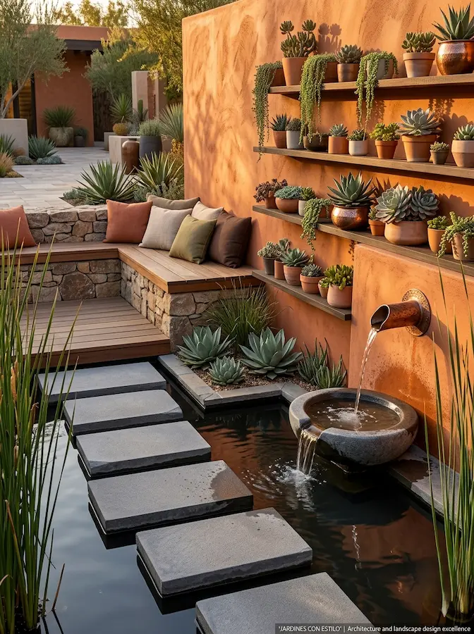 El agua fluye desde un caño de cobre hacia un pilón de piedra, para luego verterse en un estanque de líneas puras.