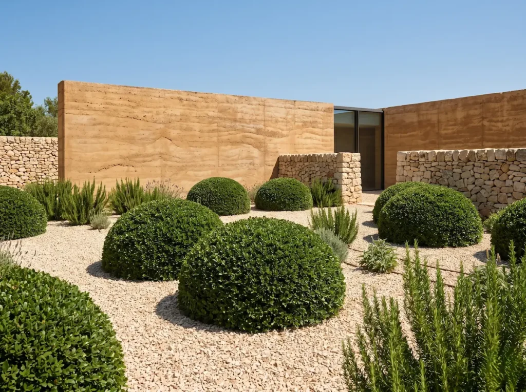 Integración paisajística de volúmenes redondeados de Lentisco (Pistacia lentiscus) estructurando un jardín de grava de estética contemporánea con muros de piedra seca.