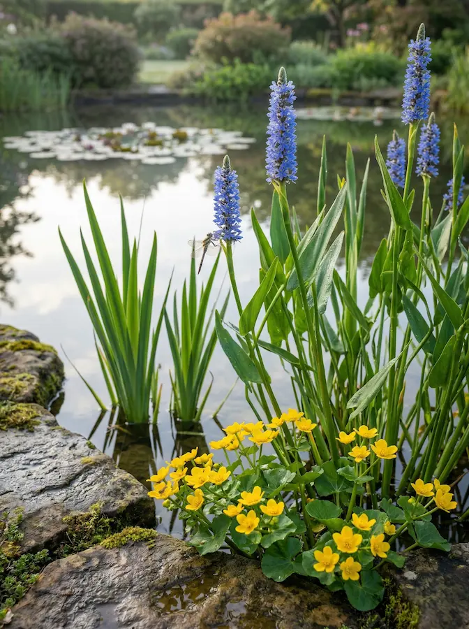 lirio amarillo (Iris pseudacorus) o las elegantes espigas de la Pontederia cordata aportan un ritmo estructural magnífico