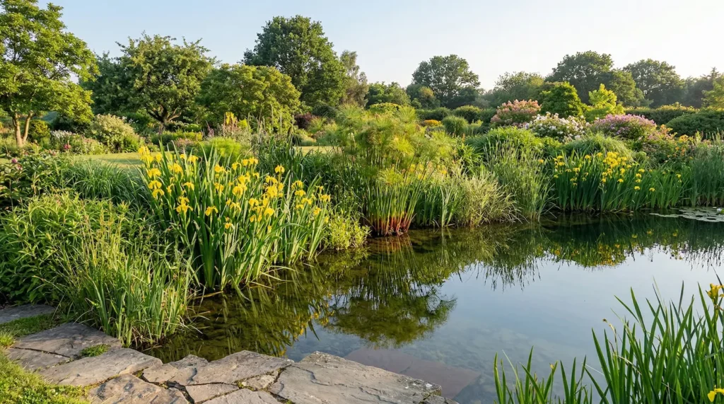 Transición natural de plantas de orilla y palustres en un estanque de diseño profesional.