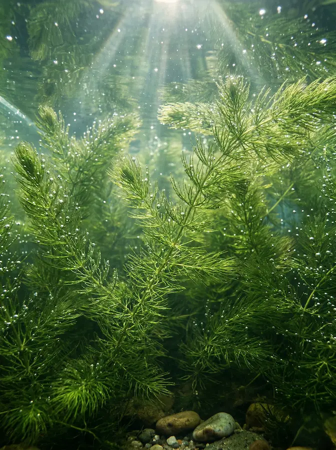 Detalle submarino de plantas oxigenantes (Ceratophyllum) frondosas y verdes en agua cristalina de un estanque de jardín.