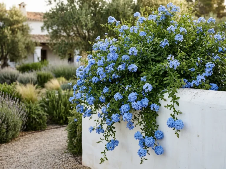 Arbusto Plumbago con flores azul celeste cayendo sobre un muro de piedra blanca en un jardín soleado.