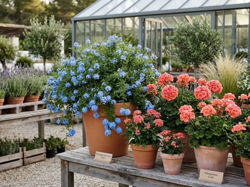 Detalle de flores de Plumbago azul integradas con plantas de color coral en un vivero profesional.