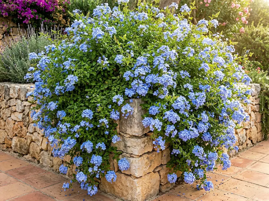 Cascada de flores azul cielo de Plumbago desbordando sobre un muro de piedra rústica bajo el sol.