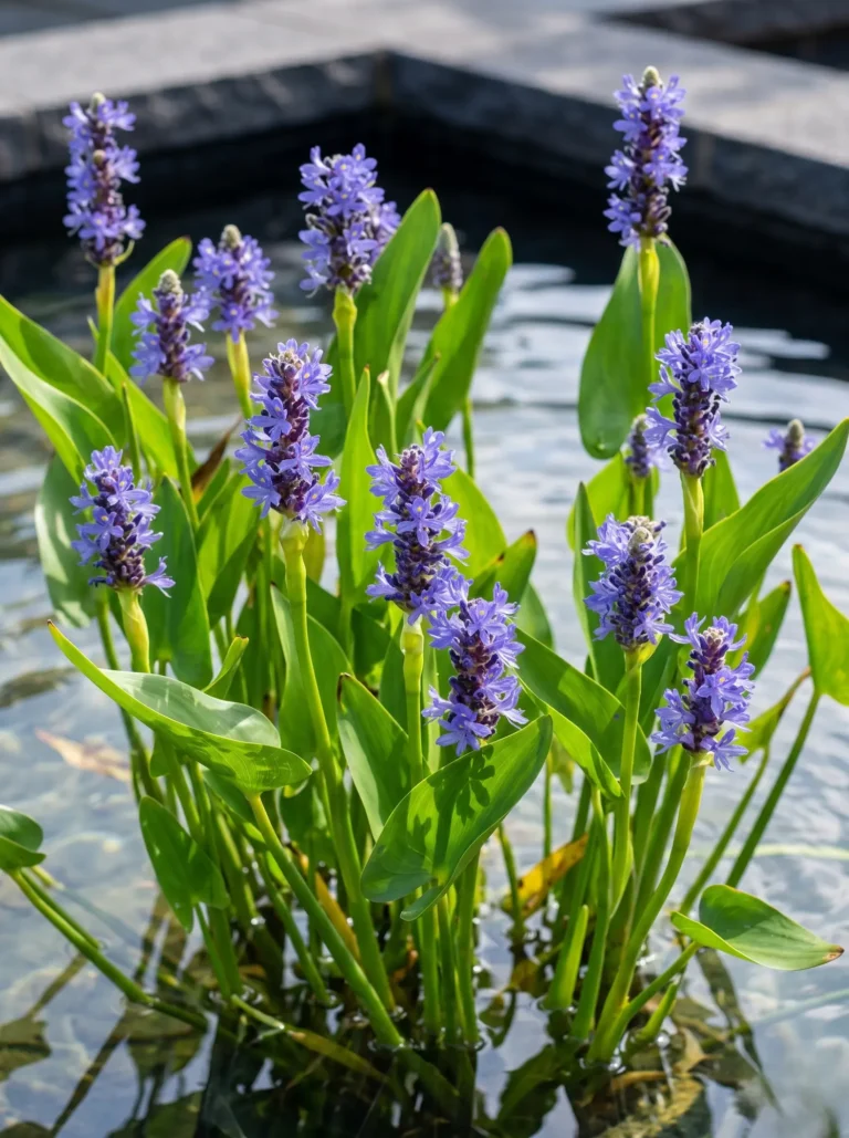 Primer plano fotográfico de las espigas violetas y las hojas acorazonadas de la Pontederia (Pontederia cordata), mostrando una textura botánica impecable sobre el agua.