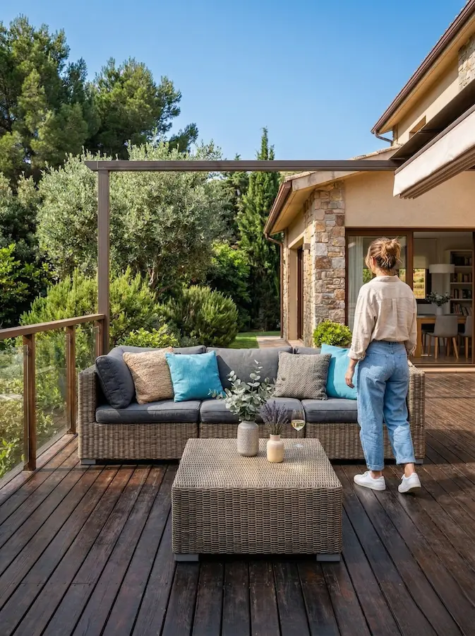 porche con deck de madera y conjunto de sofá 
