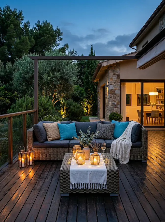 porche con deck de madera y sofá escena nocturna