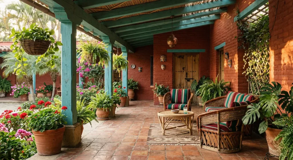 fachada de ladrillo visto pintada en rojo óxido encuentra su complemento perfecto en la viguería turquesa