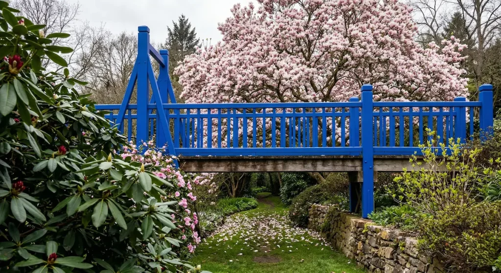 puente azul bajo la sombra de una magnolia en plena floración, el azul eléctrico potencia la delicadeza de los pétalos blancos y rosas