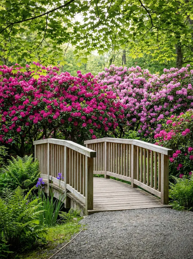 puente de madera clara y acabados naturales permite que la estructura se funda con el entorno boscoso sin restarle protagonismo a las grandes masas de flores.
