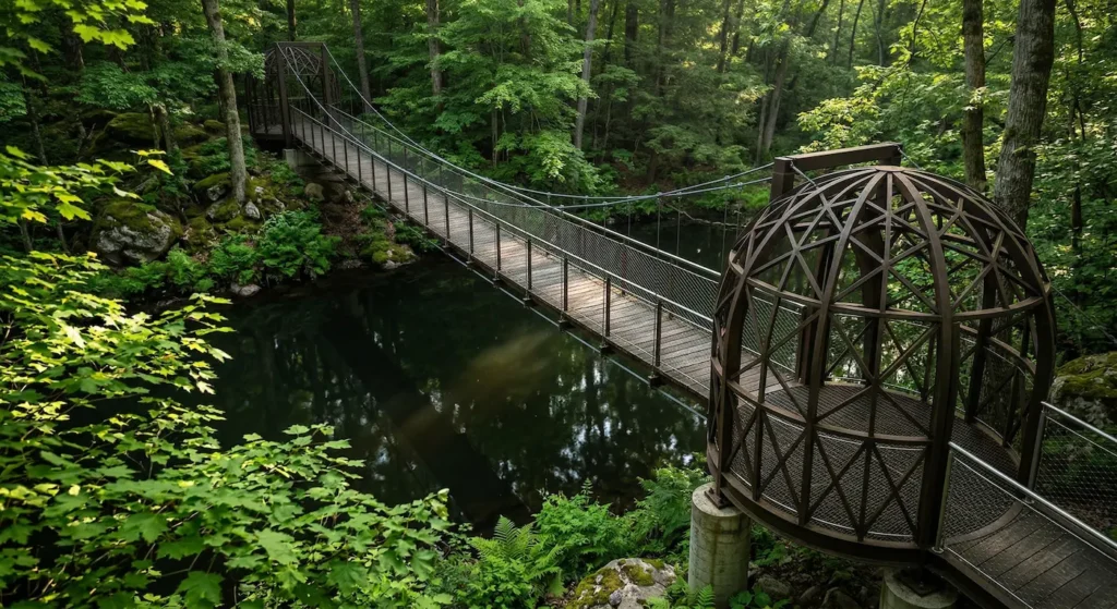 puente combinando la calidez de la madera en el suelo con la ligereza de cables y soportes oscuros