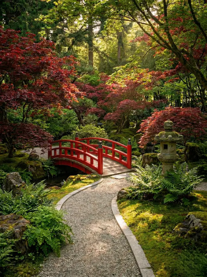 puente rojo lacado con el follaje carmesí de los arces japoneses genera una unidad visual de una calidad excepcional.