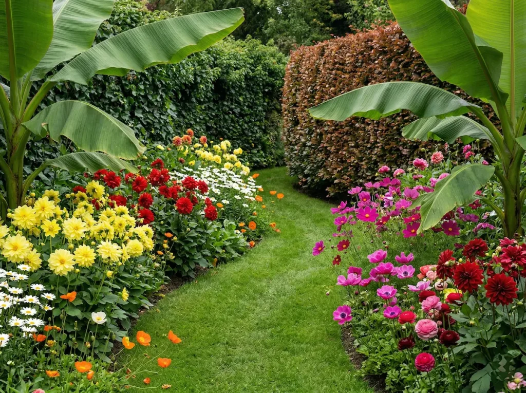 pradera floral densa con hojas de banano Musa