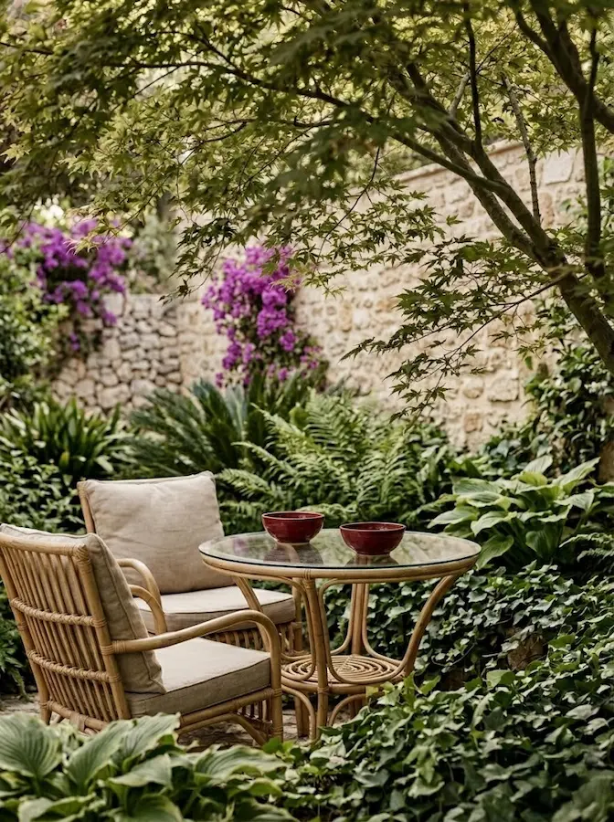 El mobiliario de rattan compacta el espacio con calidez. El detalle de color lo aportan los bowls rojos sobre la mesa de cristal, un guiño sutil a la buganvilla