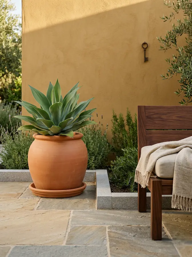 Armonía cromática de tonos tierra: muro color albero, terracota y madera de nogal, bajo luz natural cálida y suave.