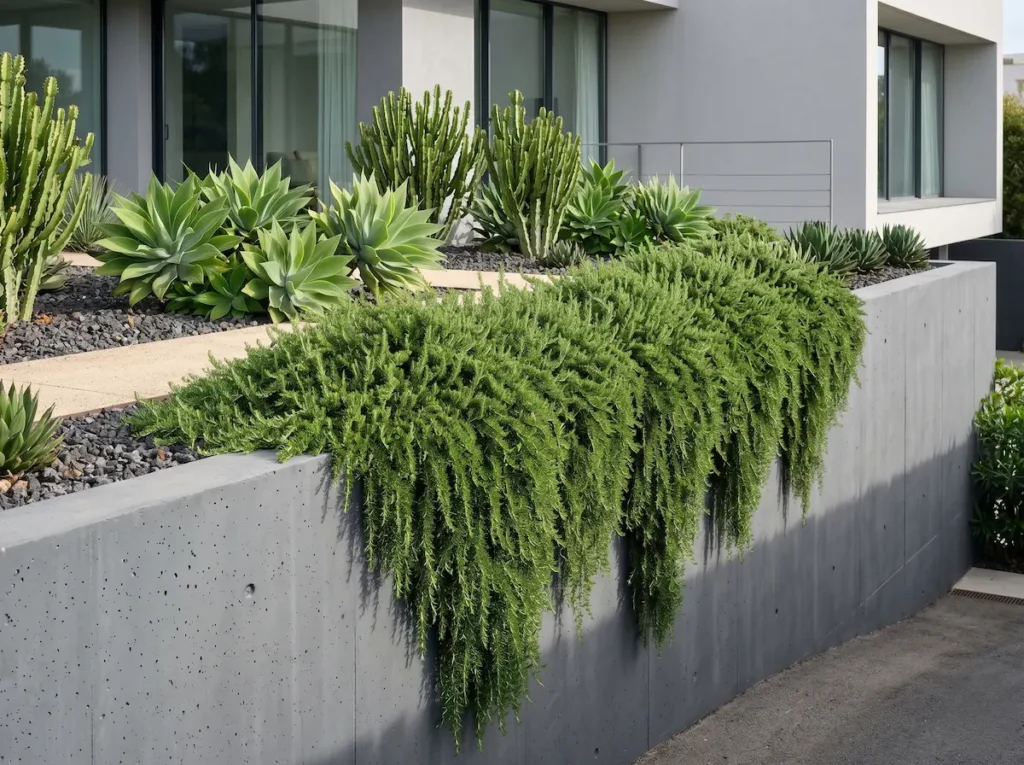 Masas de Romero rastrero (Salvia rosmarinus 'Prostratus') desbordando un muro de contención contemporáneo, demostrando excelencia botánica y diseño arquitectónico.