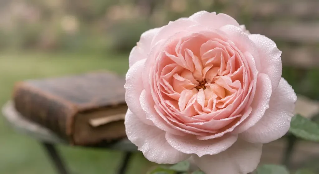 texturas de la rosa antigua, acentuadas por el rocío matinal,