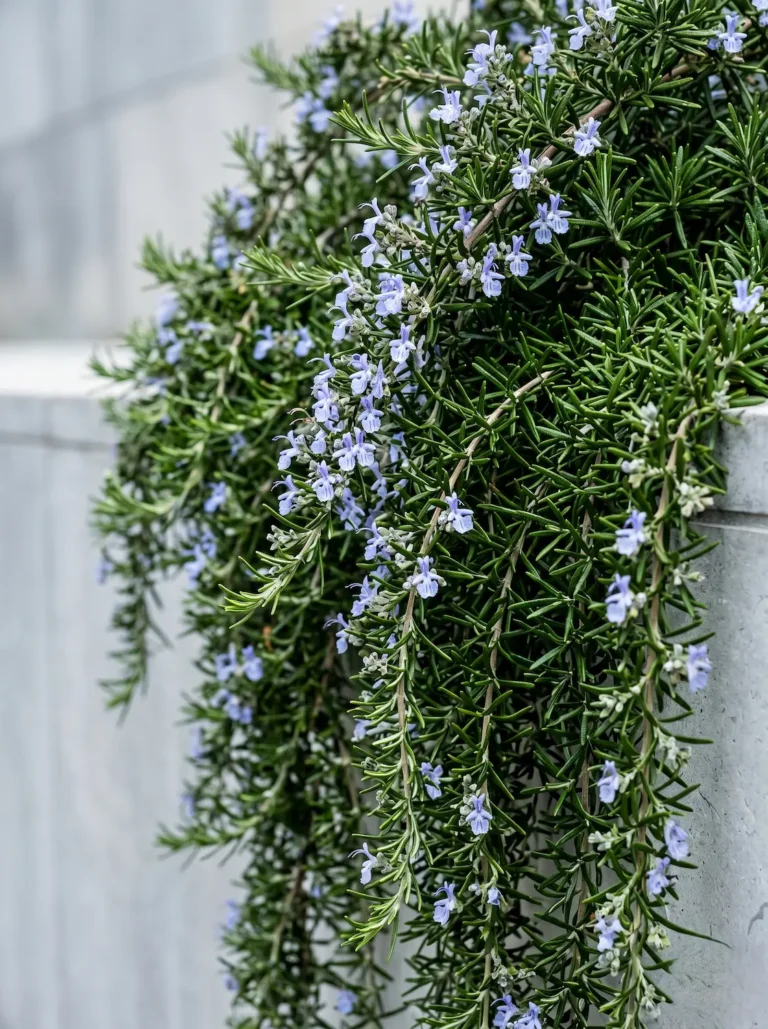 Primer plano fotográfico de las ramas colgantes y la floración azul pálido del Romero rastrero (Salvia rosmarinus 'Prostratus'), mostrando una textura botánica impecable.