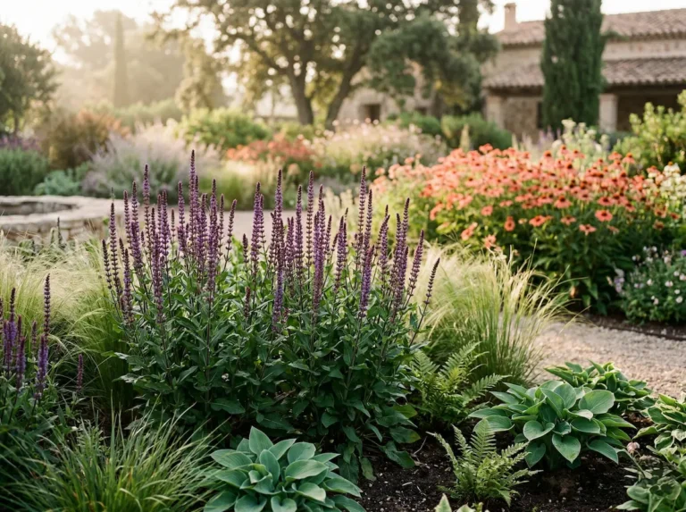 Salvia nemorosa integrada con flores de color coral en un diseño de paisaje maduro y cuidado.