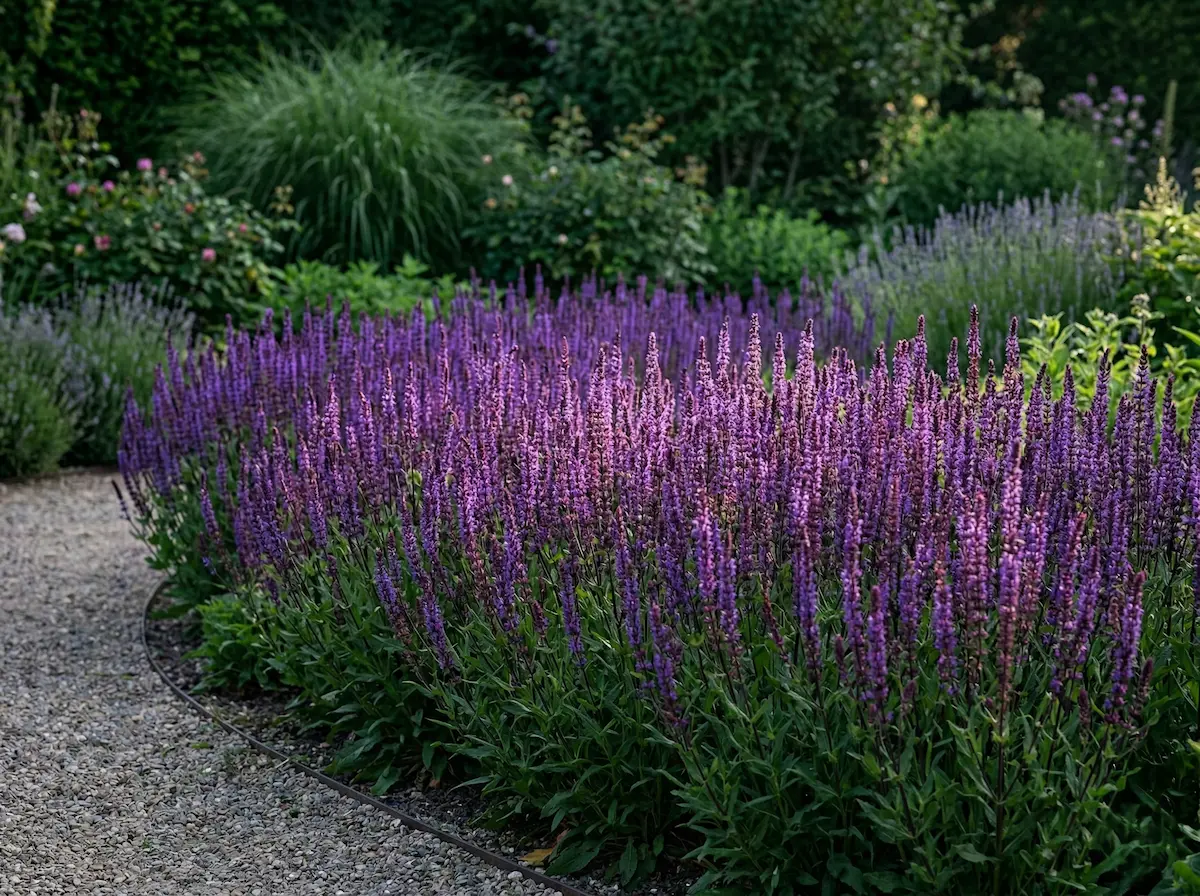 Masa de Salvia nemorosa púrpura en una bordura de jardín profesional con luz de mañana.