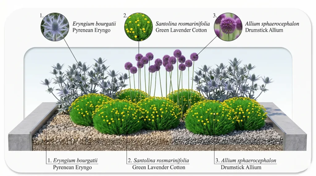 infografía con santolina rosmarinifolia y allium