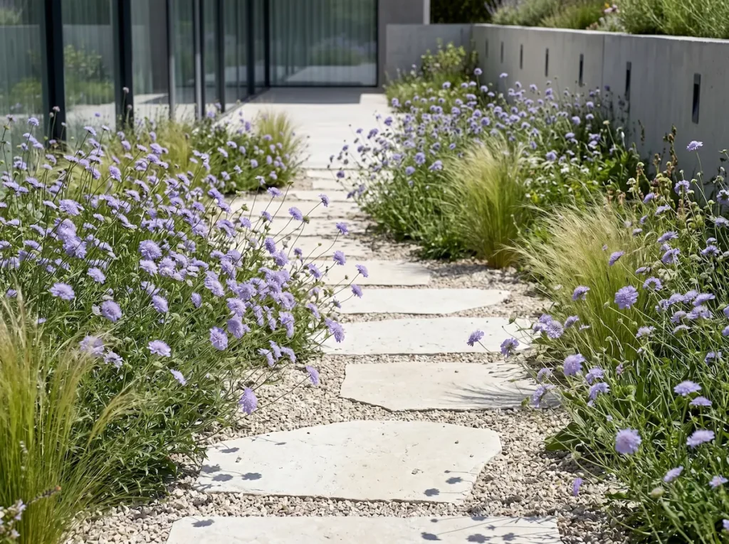 Integración paisajística de la Scabiosa columbaria aportando ligereza visual junto a un sendero de losas de piedra caliza pálida en un jardín contemporáneo.