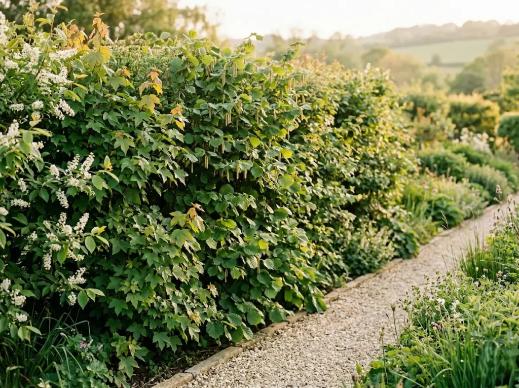 seto en todo su esplendor, haciendo de marco perfecto para el jardín. arces dan altura mientras los avellanos y cerezos rellenan el plano bajo