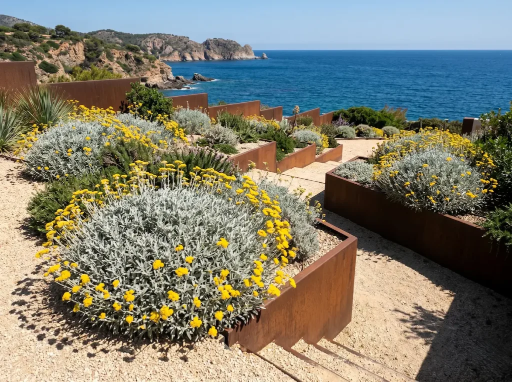Integración paisajística de Helichrysum stoechas en un jardín de grava contemporáneo, aportando textura y un estándar profesional al diseño de secano.