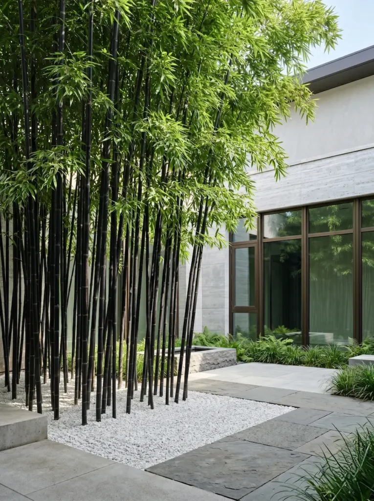 pantalla de bambú nigra en patio bajo lecho de grava blanca
