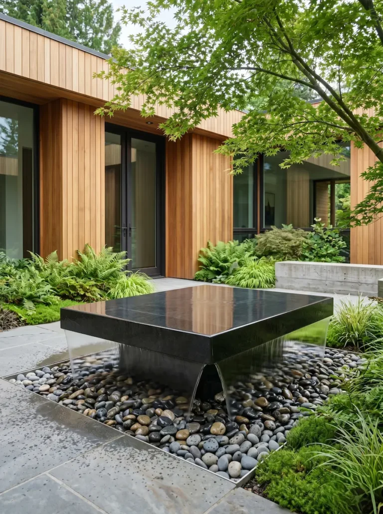 fuente moderna cuadrada con lamina del agua desbordante,