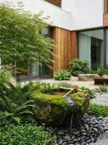 fuente de piedra y gravas como cama