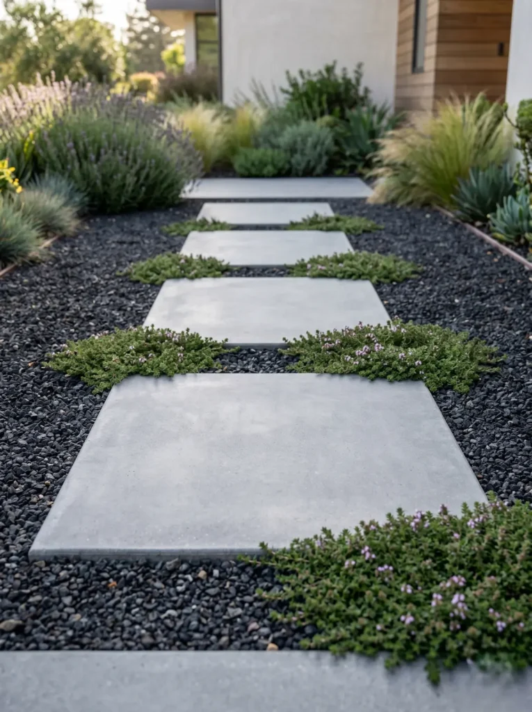 camino de grava negra con losas rectangulares zona de paso