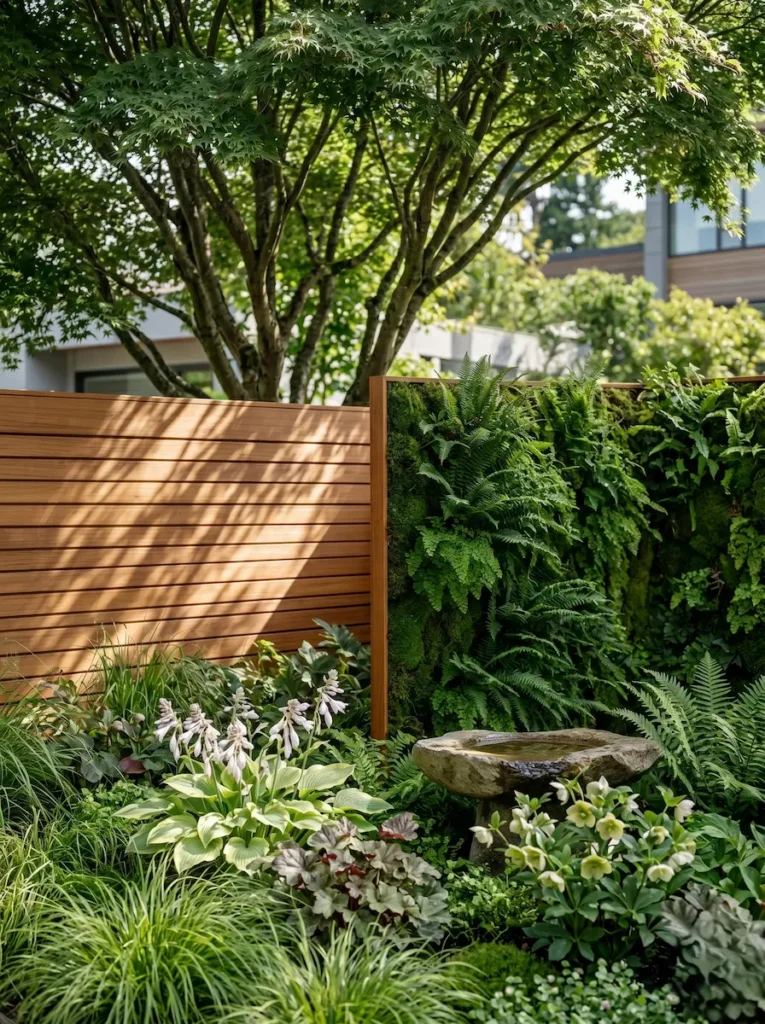 bajo la sombra de arbol en la calle conjunto con jardín vertical fuente piedra y plantas de sombra