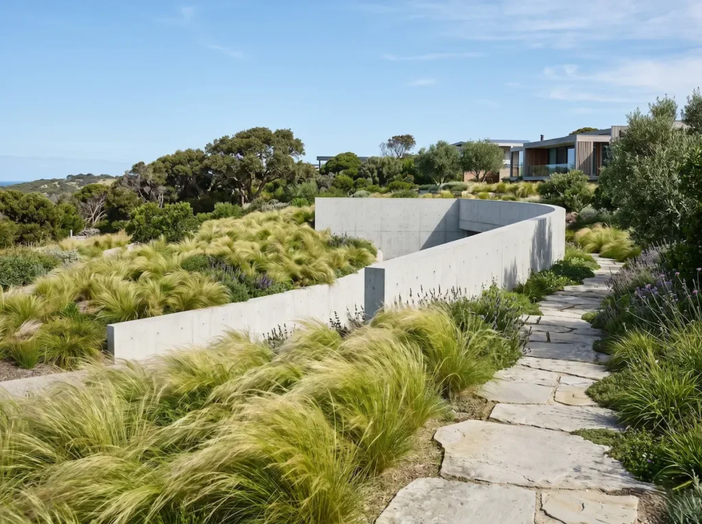 Integración paisajística de derivas de Stipa tenuissima aportando movimiento y textura en un jardín naturalista de estética contemporánea con pavimentos de piedra.