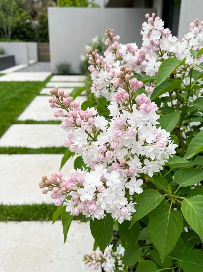 Beauty of Moscow’ (Krasavitsa Moskvy). Su proceso de floración es un espectáculo temporal: los botones emergen con un tono rosa perlado muy estructural, para ir abriéndose gradualmente hasta convertirse en flores dobles de un blanco inmaculado
