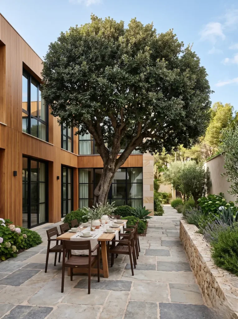 la encina ibérica (Quercus ilex), relacionándolas matemáticamente con la volumetría de la vivienda y la extensión de la parcela. Dominar esta proporción es el clímax del diseño, asegurando que el individuo se sienta siempre abrazado por la escala correcta, generando un entorno de seguridad