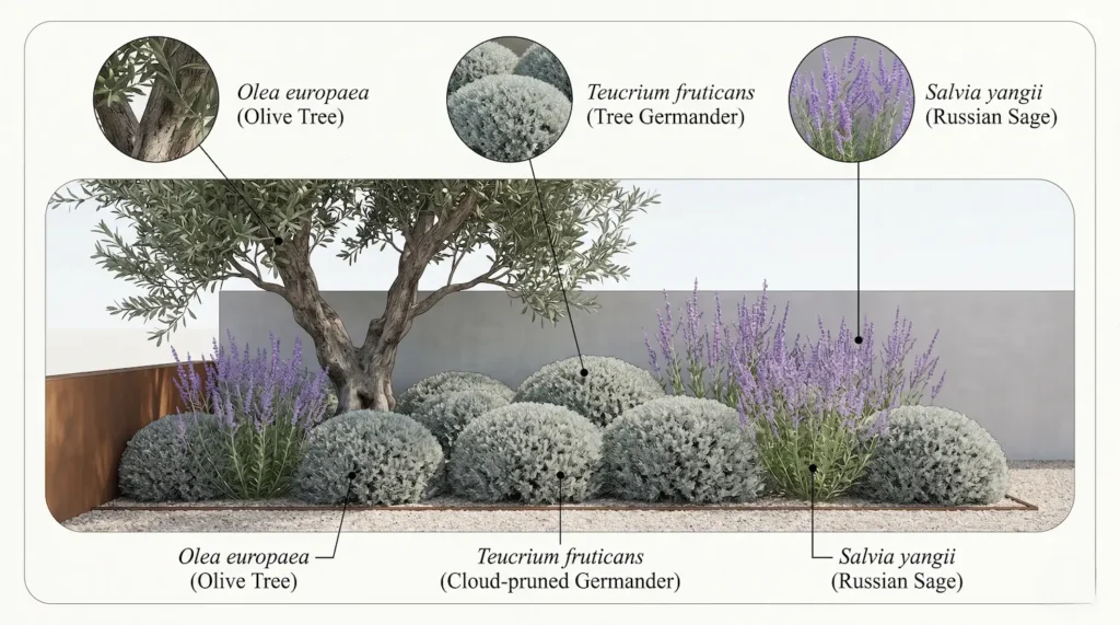 infografia de composición de teucrium con olivo 