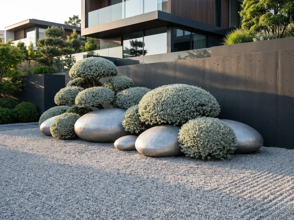 Masas de Olivillo (Teucrium fruticans) podadas en forma de nubes orgánicas en un jardín de estética contemporánea, demostrando una excelencia arquitectónica absoluta.