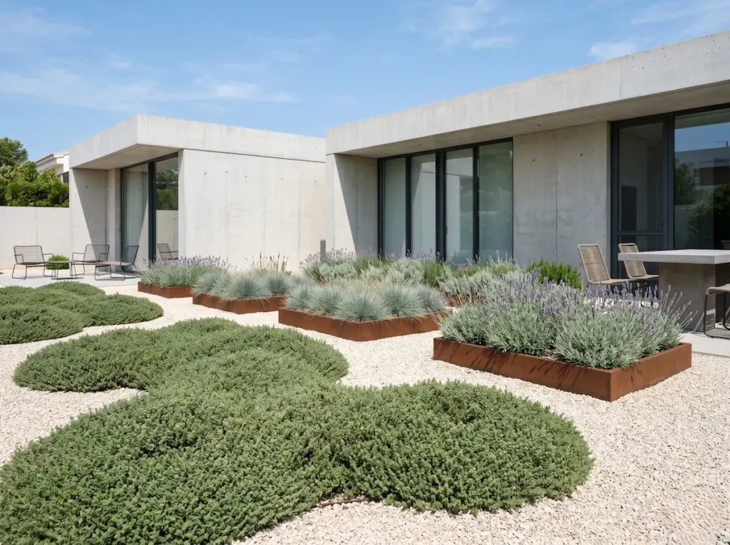 Integración paisajística del Tomillo (Thymus vulgaris) como tapiz estructural en un jardín contemporáneo de grava, demostrando un diseño cuidado y excelencia botánica.