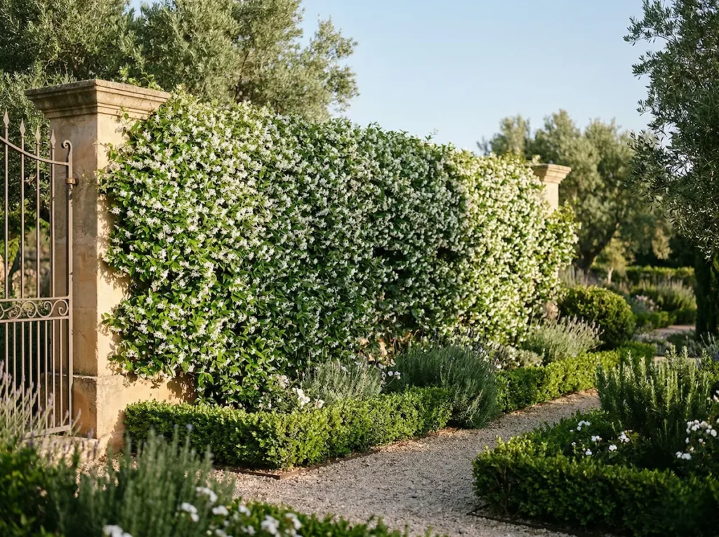 Trachelospermum jasminoides sobre muro de fachada jardín
